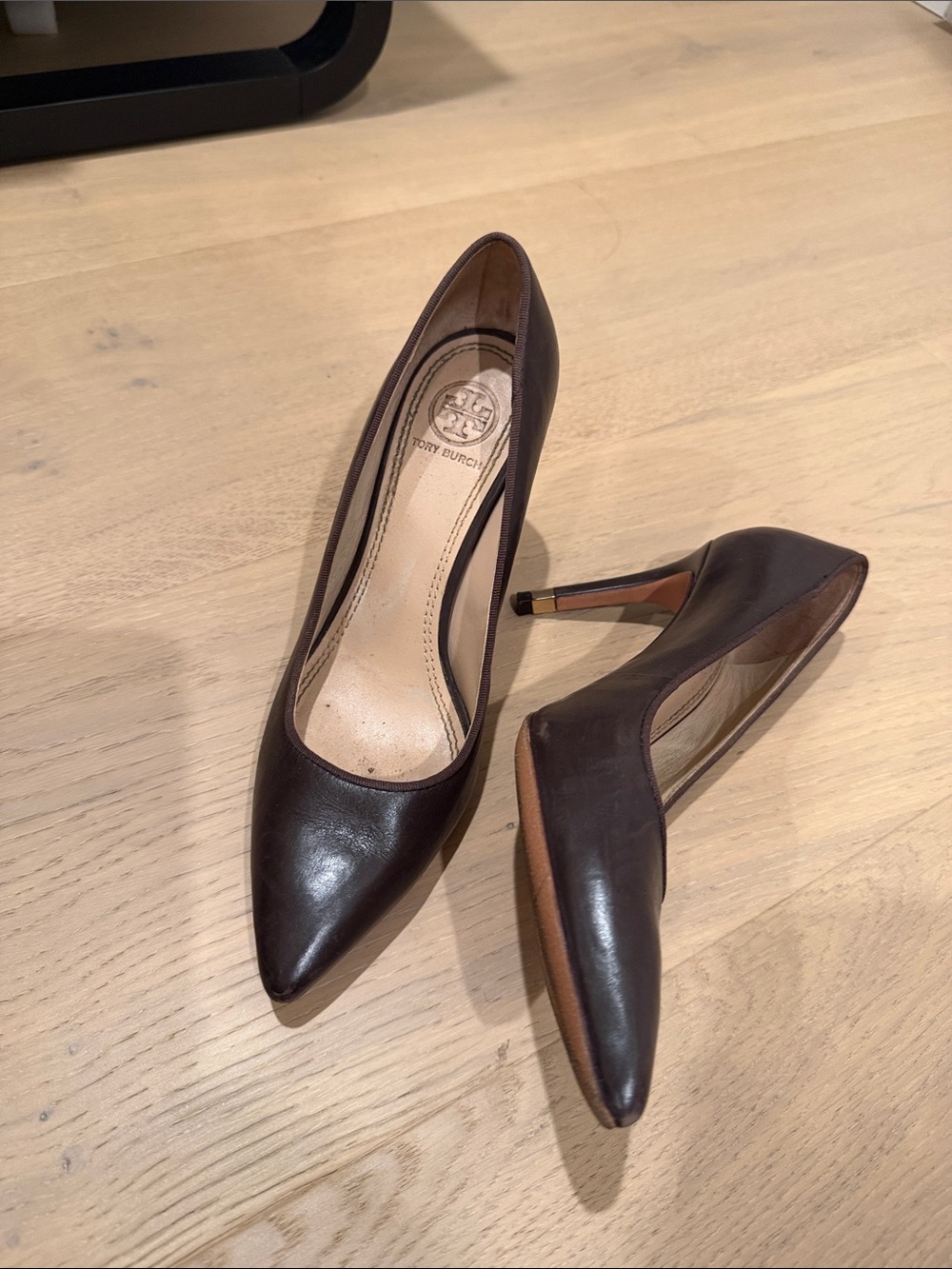Tory Burch Dark Brown Pointed-Toe Leather Pumps